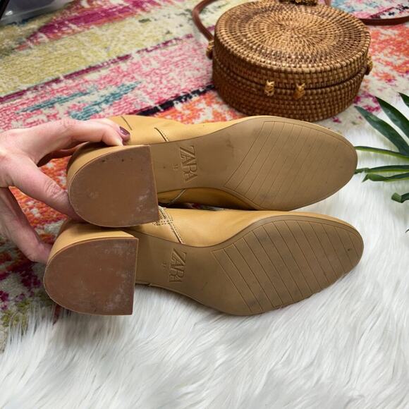 Zara Neutral Tan Square Toe Minimalist Block Heel Leather Ankle Boot 38/8 - Picture 10 of 10